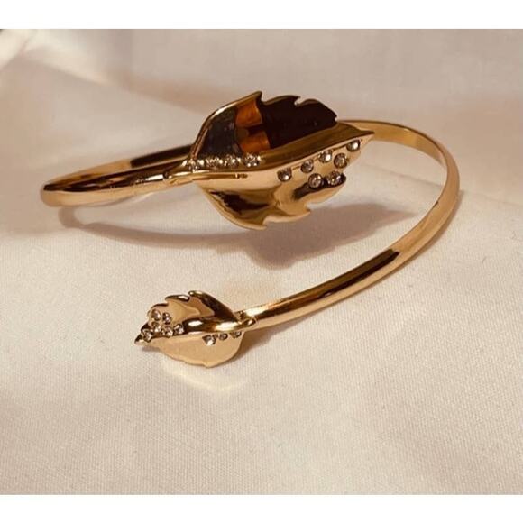 Vintage Leaf & Rhinestone Accents 14K Goldplated Cuff Bangle Bracelet-NWOT - Picture 2 of 3